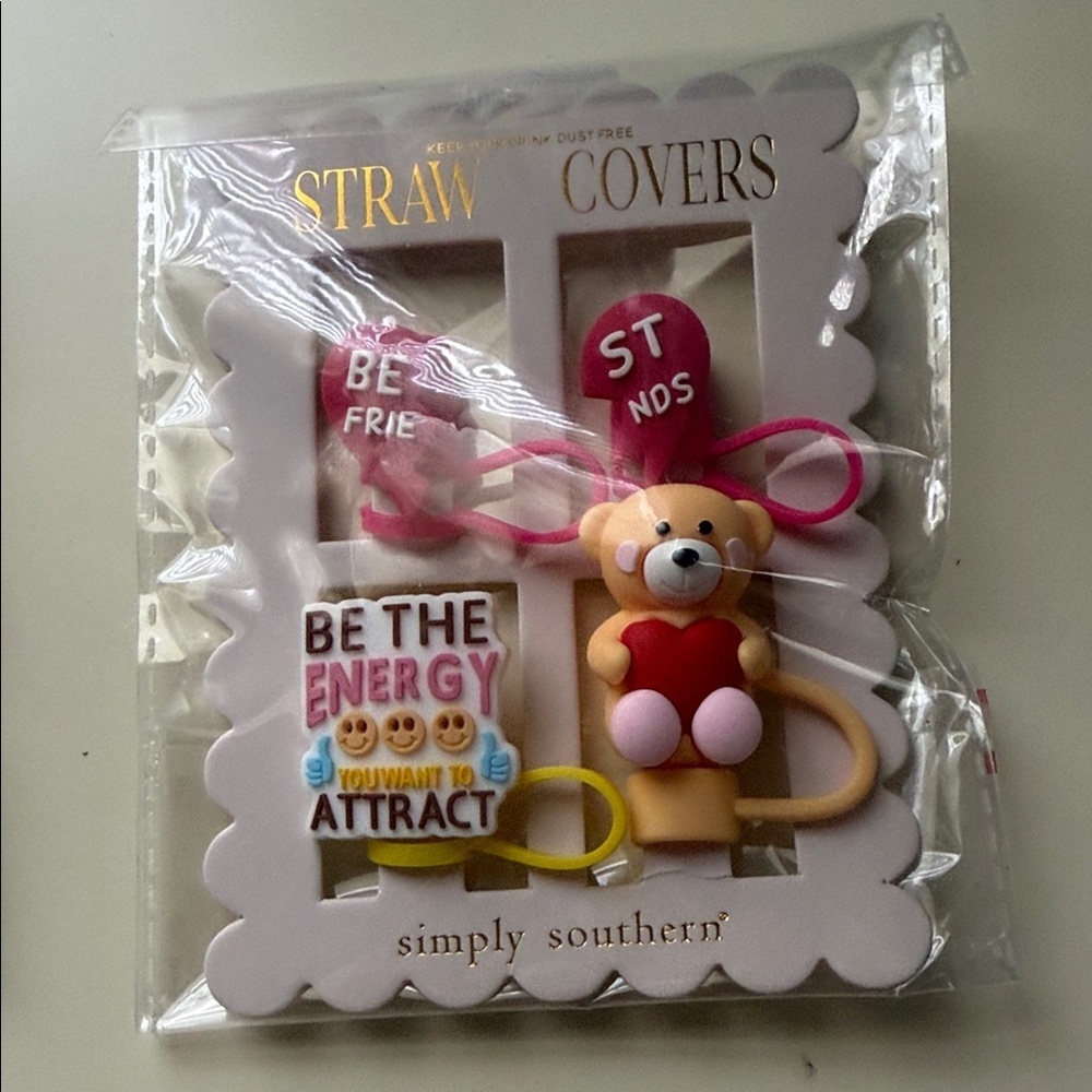 Simply Southern Pink and Tan Bear Straw Covers with Cheerful Message